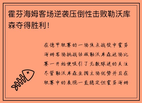 霍芬海姆客场逆袭压倒性击败勒沃库森夺得胜利！