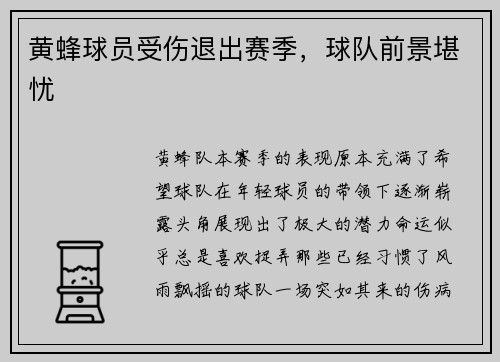黄蜂球员受伤退出赛季，球队前景堪忧