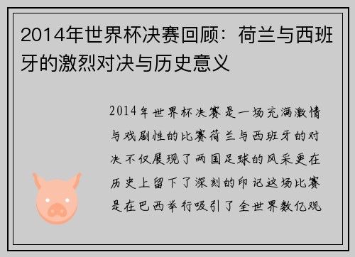 2014年世界杯决赛回顾：荷兰与西班牙的激烈对决与历史意义