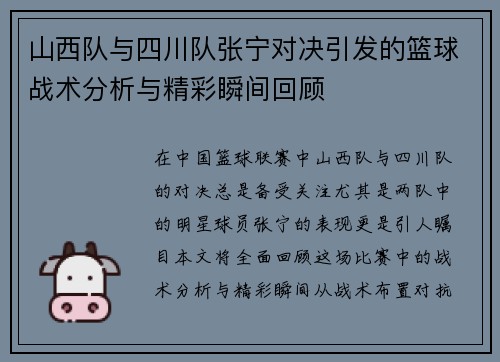 山西队与四川队张宁对决引发的篮球战术分析与精彩瞬间回顾